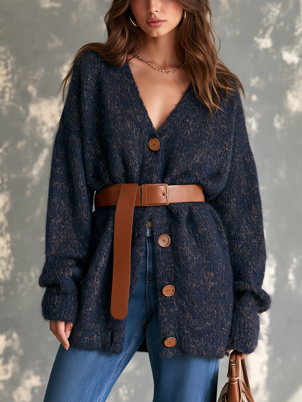 Chic Casual Navy Blue V-Neck Single-Breasted Dropped-Shoulder Long‑Sleeve Loose-Fit Belted Wool Blend Knit Cardigan