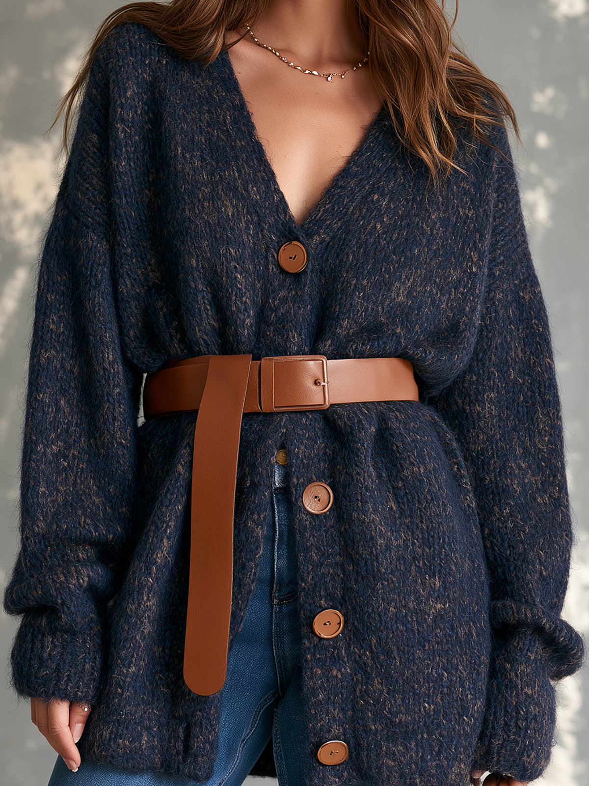 Chic Casual Navy Blue V-Neck Single-Breasted Dropped-Shoulder Long‑Sleeve Loose-Fit Belted Wool Blend Knit Cardigan