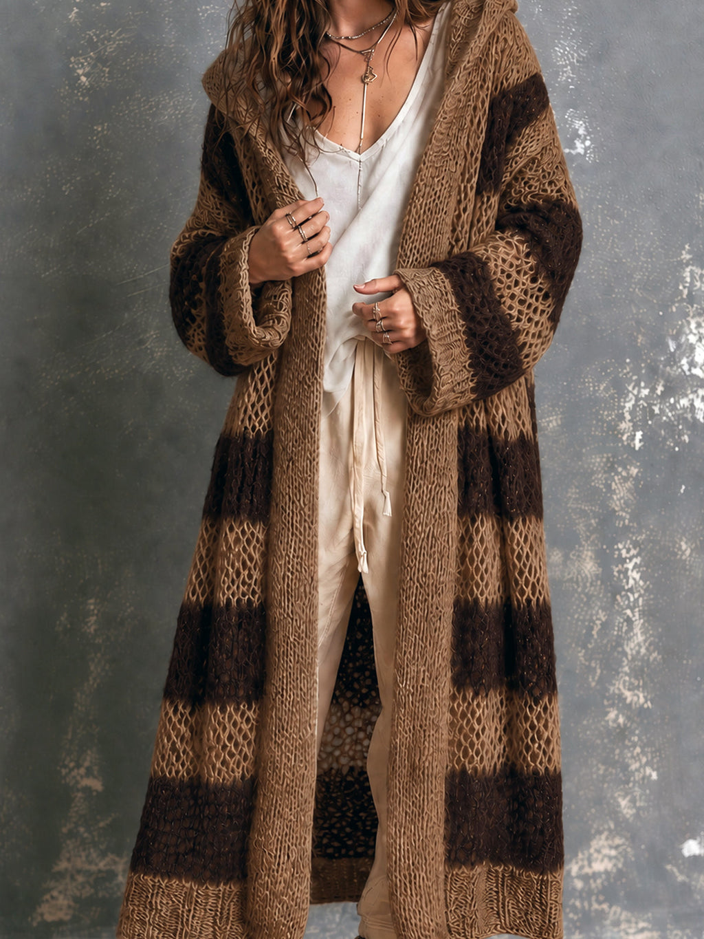 Chic Casual Brown-Coffee Colorblock Stripes Hooded-Collar Open-Front Long‑Sleeve Knit Oversize Mid-Length Cardigan