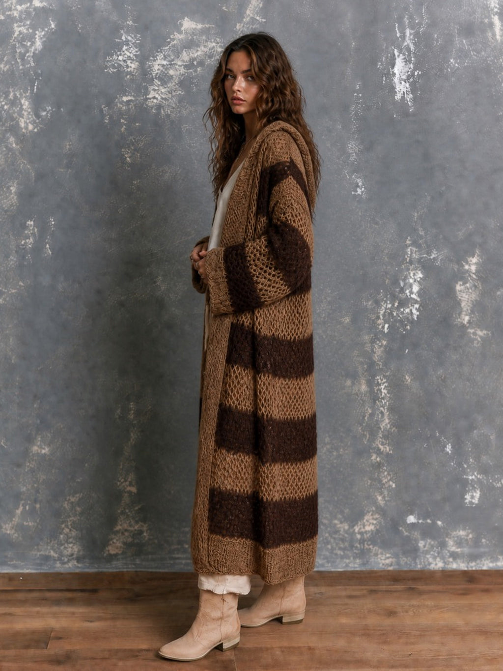 Chic Casual Brown-Coffee Colorblock Stripes Hooded-Collar Open-Front Long‑Sleeve Knit Oversize Mid-Length Cardigan