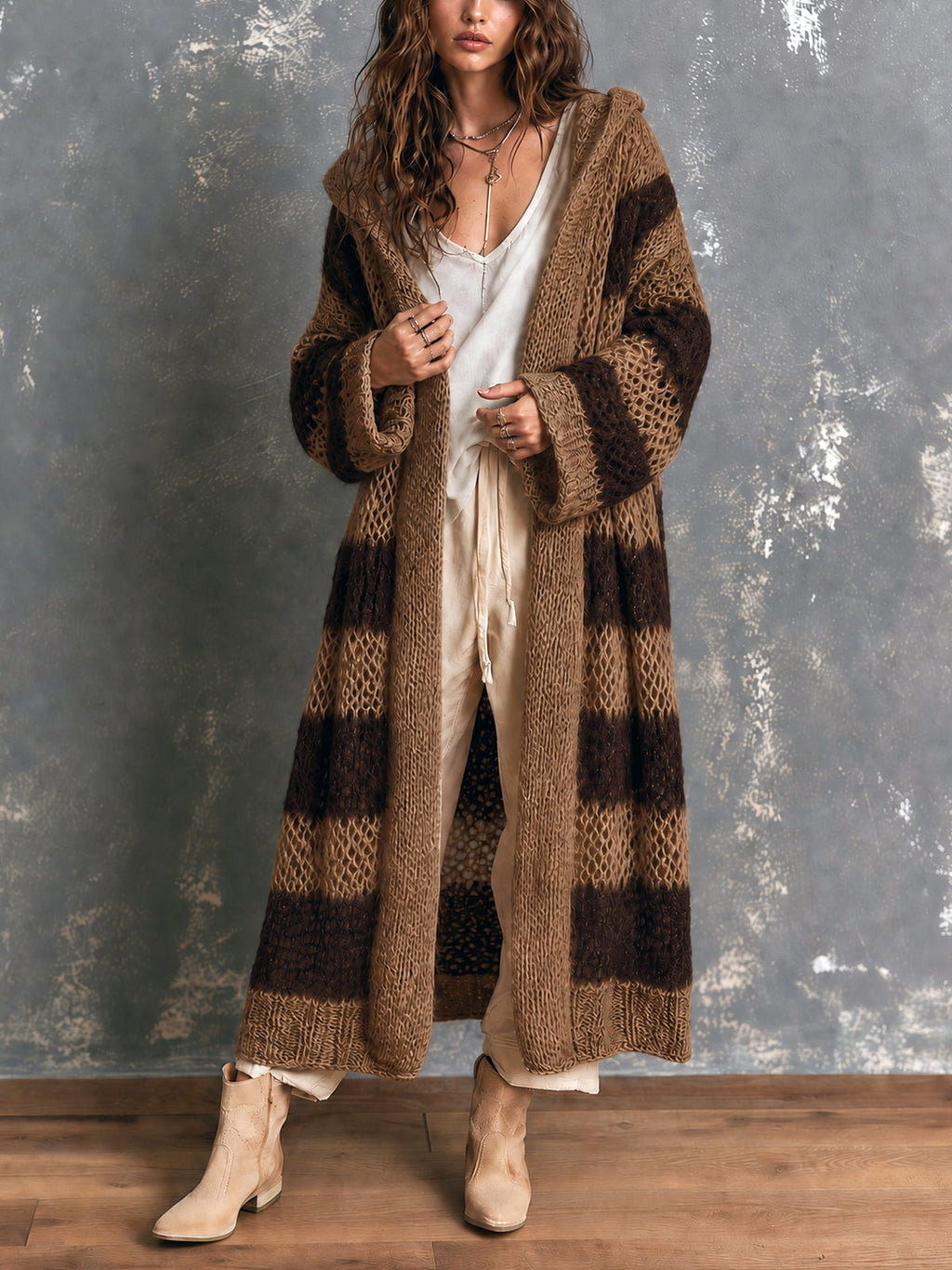 Chic Casual Brown-Coffee Colorblock Stripes Hooded-Collar Open-Front Long‑Sleeve Knit Oversize Mid-Length Cardigan