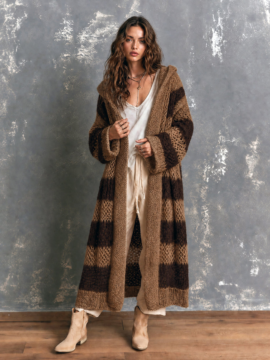 Chic Casual Brown-Coffee Colorblock Stripes Hooded-Collar Open-Front Long‑Sleeve Knit Oversize Mid-Length Cardigan