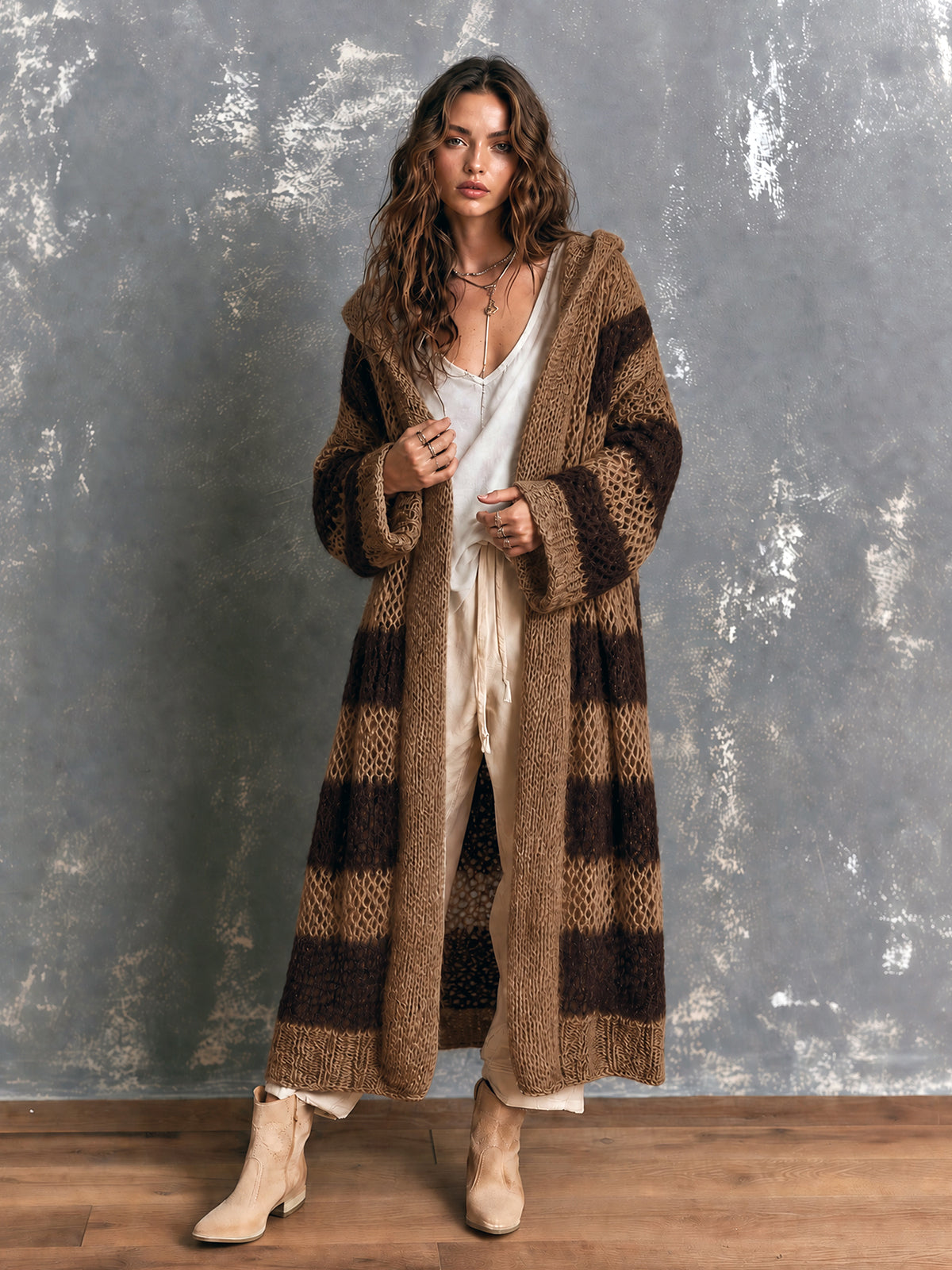 Chic Casual Brown-Coffee Colorblock Stripes Hooded-Collar Open-Front Long‑Sleeve Knit Oversize Mid-Length Cardigan