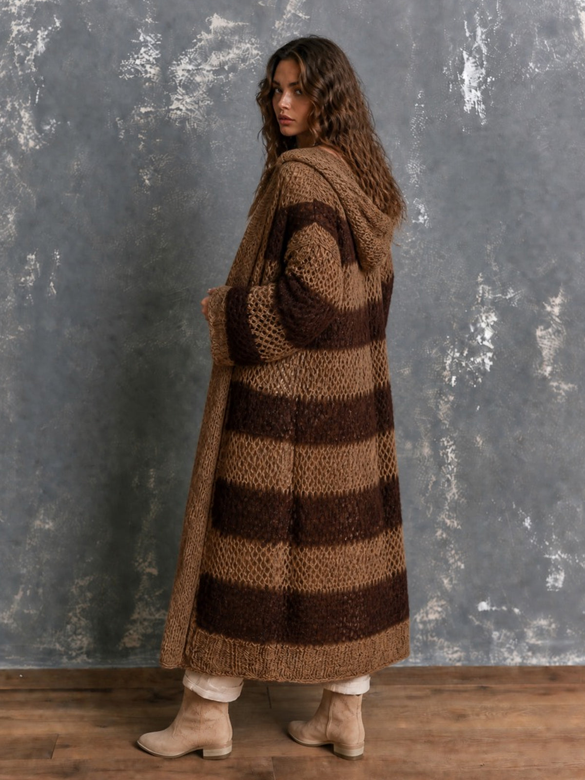 Chic Casual Brown-Coffee Colorblock Stripes Hooded-Collar Open-Front Long‑Sleeve Knit Oversize Mid-Length Cardigan