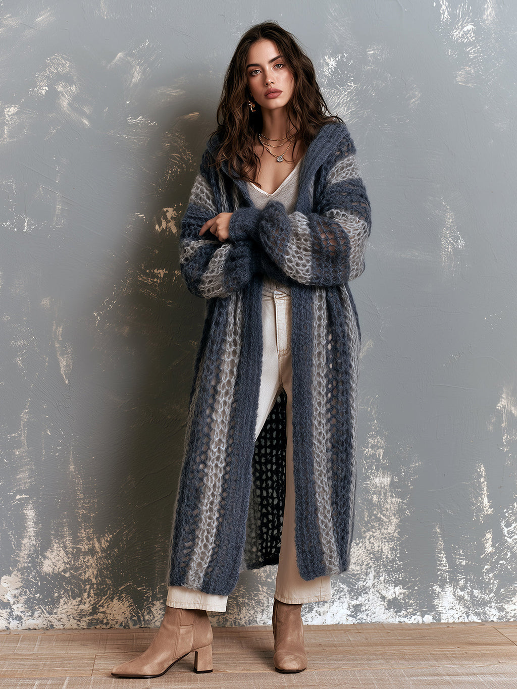 Chic Casual Navy-Gray Colorblock Stripes Hooded-Collar Open-Front Long‑Sleeve Mesh-Knit Oversize Mid-Length Cardigan