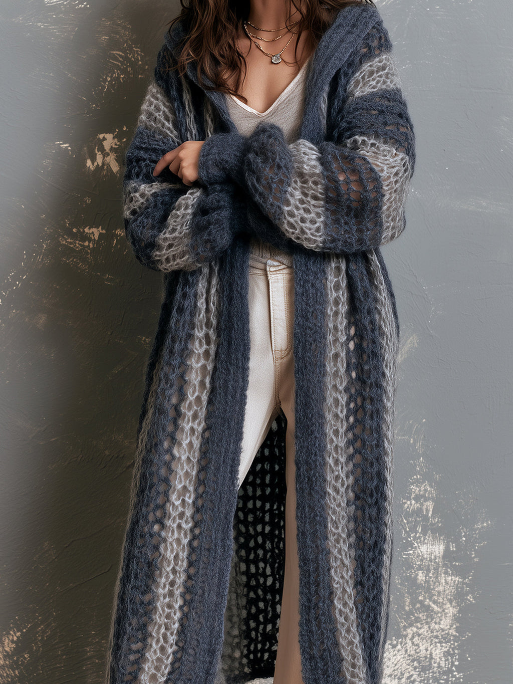 Chic Casual Navy-Gray Colorblock Stripes Hooded-Collar Open-Front Long‑Sleeve Mesh-Knit Oversize Mid-Length Cardigan