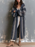 Chic Casual Navy-Gray Colorblock Stripes Hooded-Collar Open-Front Long‑Sleeve Mesh-Knit Oversize Mid-Length Cardigan