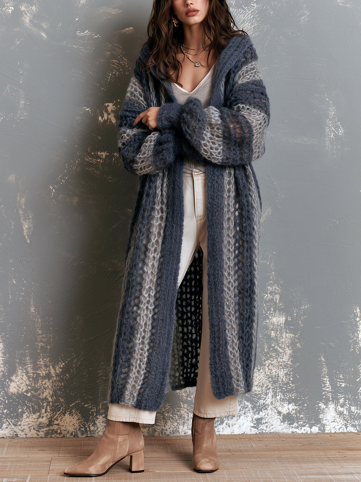 Chic Casual Navy-Gray Colorblock Stripes Hooded-Collar Open-Front Long‑Sleeve Mesh-Knit Oversize Mid-Length Cardigan