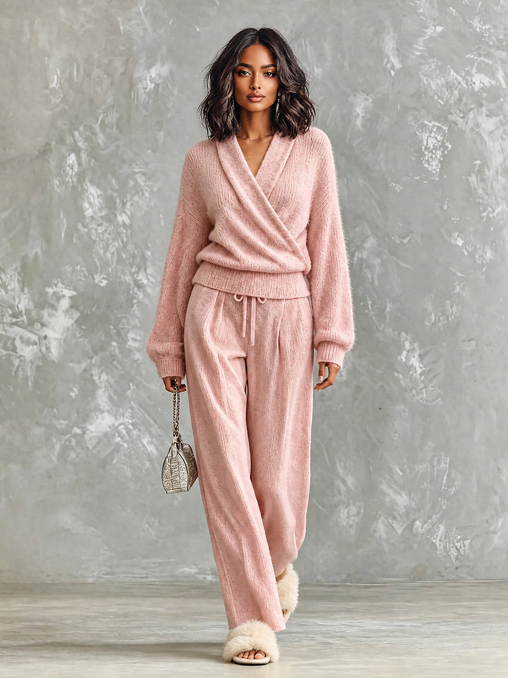 Chic Casual Pink V-Neck Cross-Front Long‑Sleeve Sweater Drawstring-Waist Straight Pants Wool Blend Knit Loose-Fit Two-Piece Set