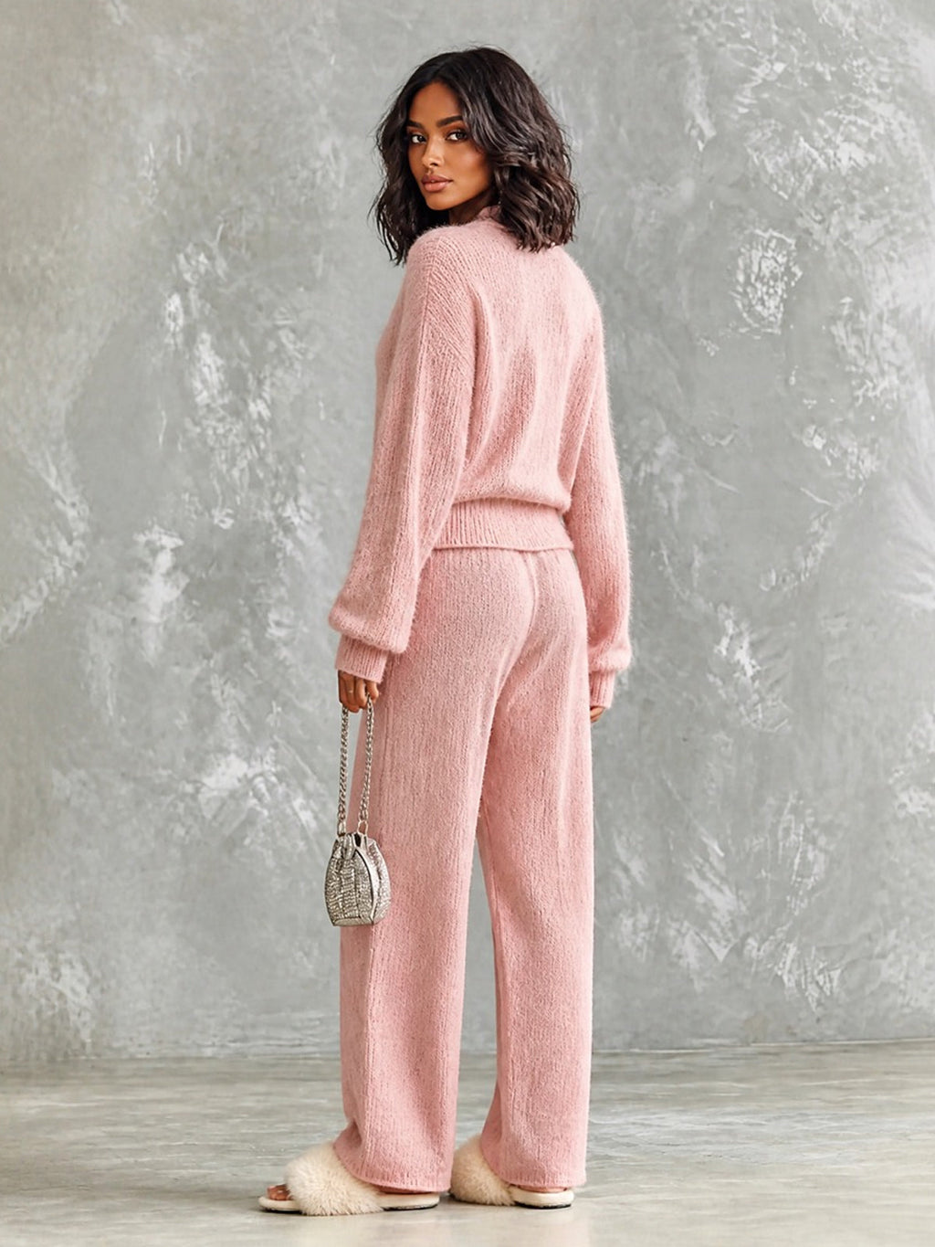 Chic Casual Pink V-Neck Cross-Front Long‑Sleeve Sweater Drawstring-Waist Straight Pants Wool Blend Knit Loose-Fit Two-Piece Set