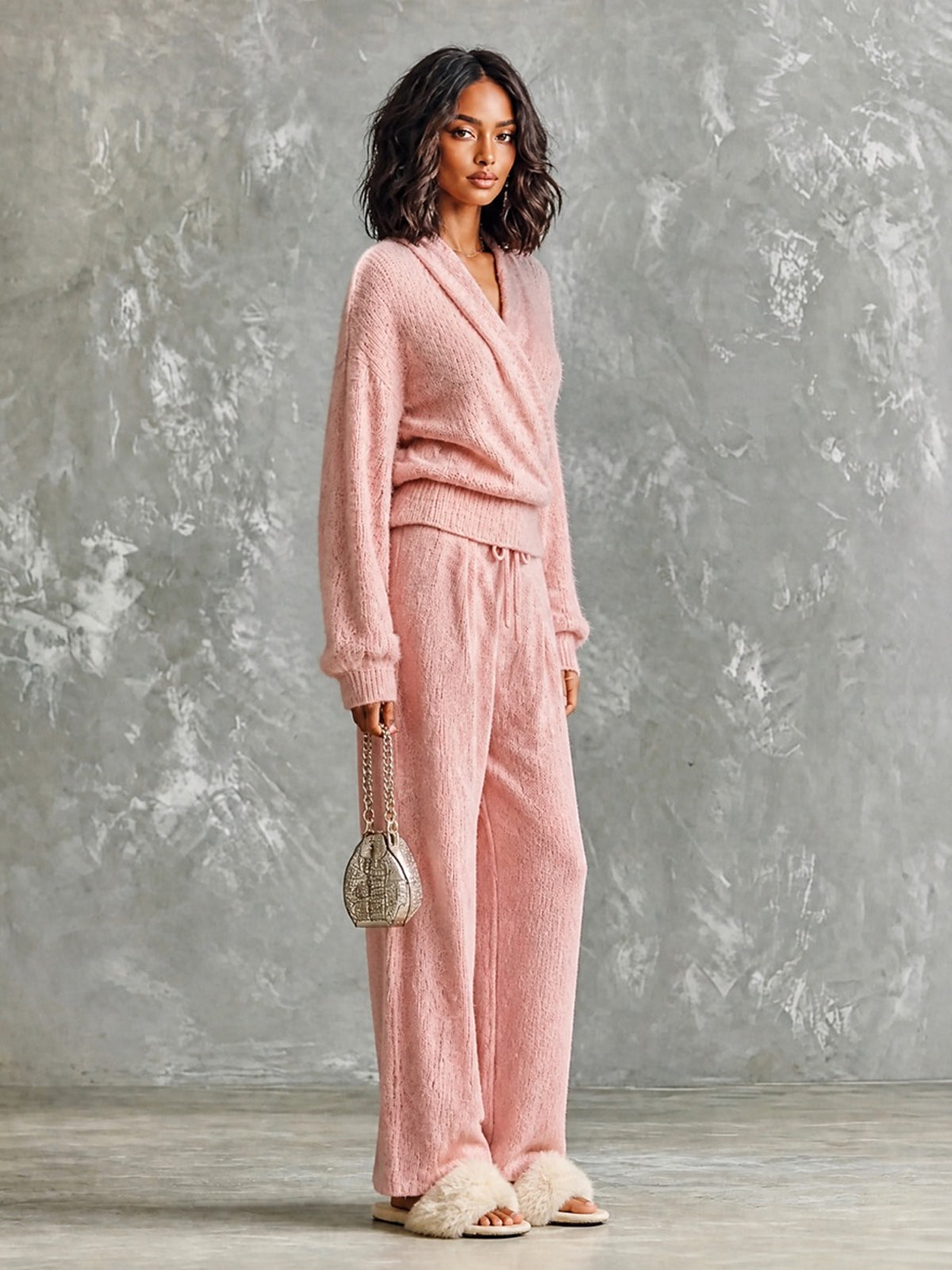 Chic Casual Pink V-Neck Cross-Front Long‑Sleeve Sweater Drawstring-Waist Straight Pants Wool Blend Knit Loose-Fit Two-Piece Set