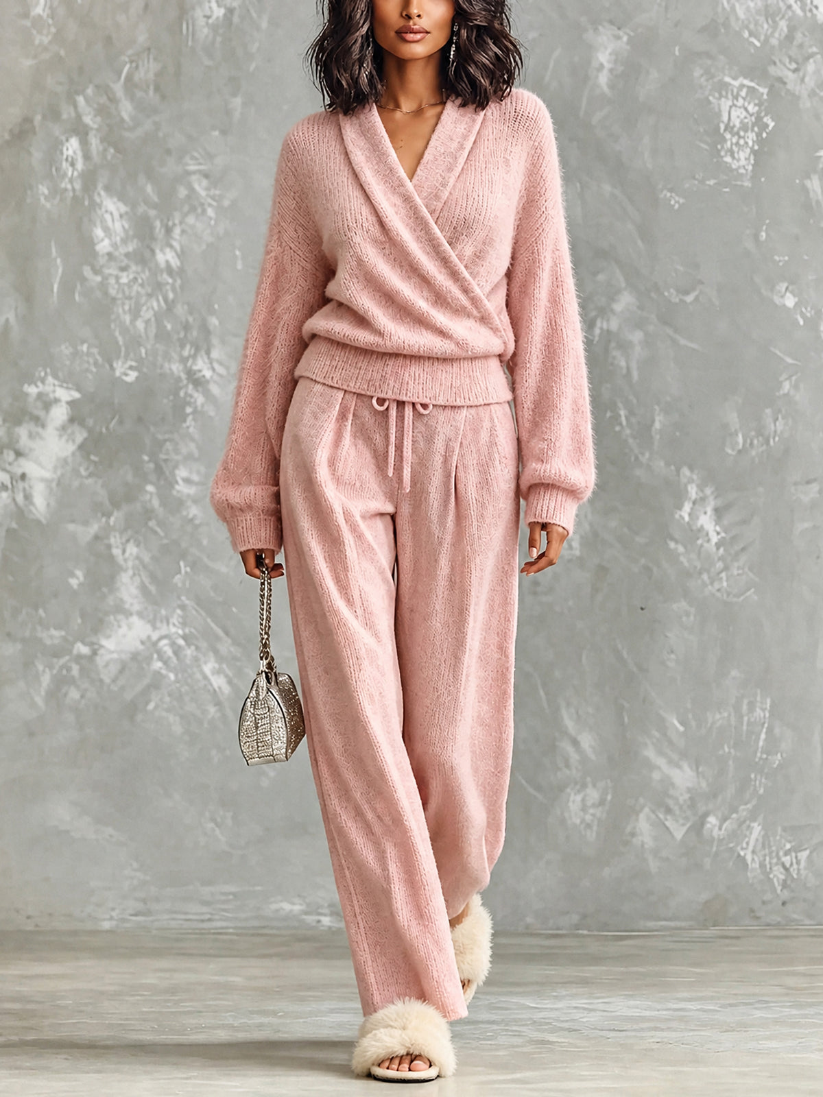 Chic Casual Pink V-Neck Cross-Front Long‑Sleeve Sweater Drawstring-Waist Straight Pants Wool Blend Knit Loose-Fit Two-Piece Set