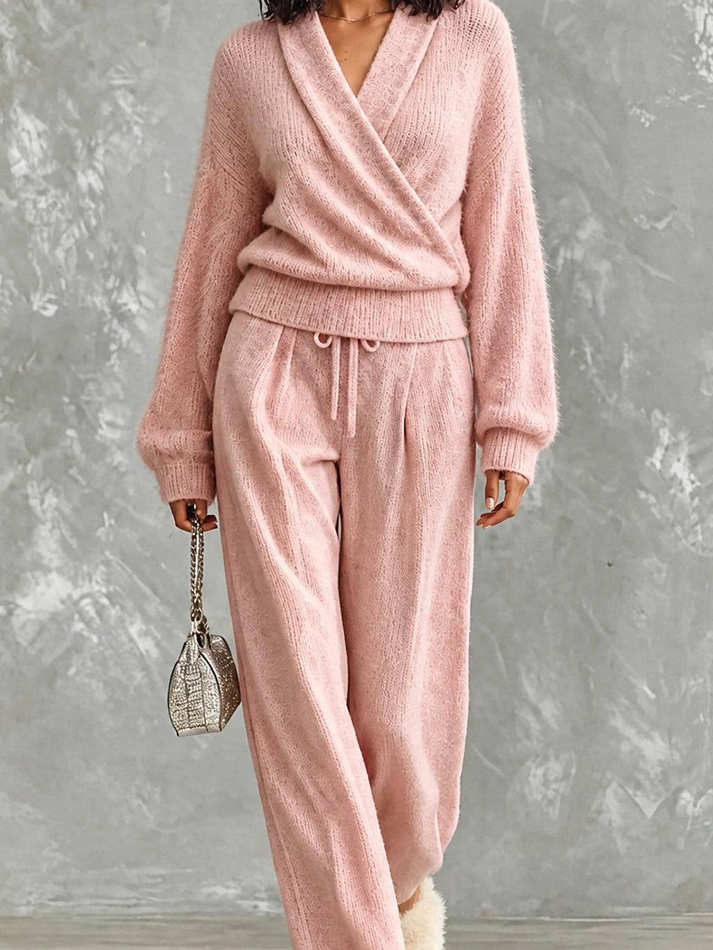 Chic Casual Pink V-Neck Cross-Front Long‑Sleeve Sweater Drawstring-Waist Straight Pants Wool Blend Knit Loose-Fit Two-Piece Set