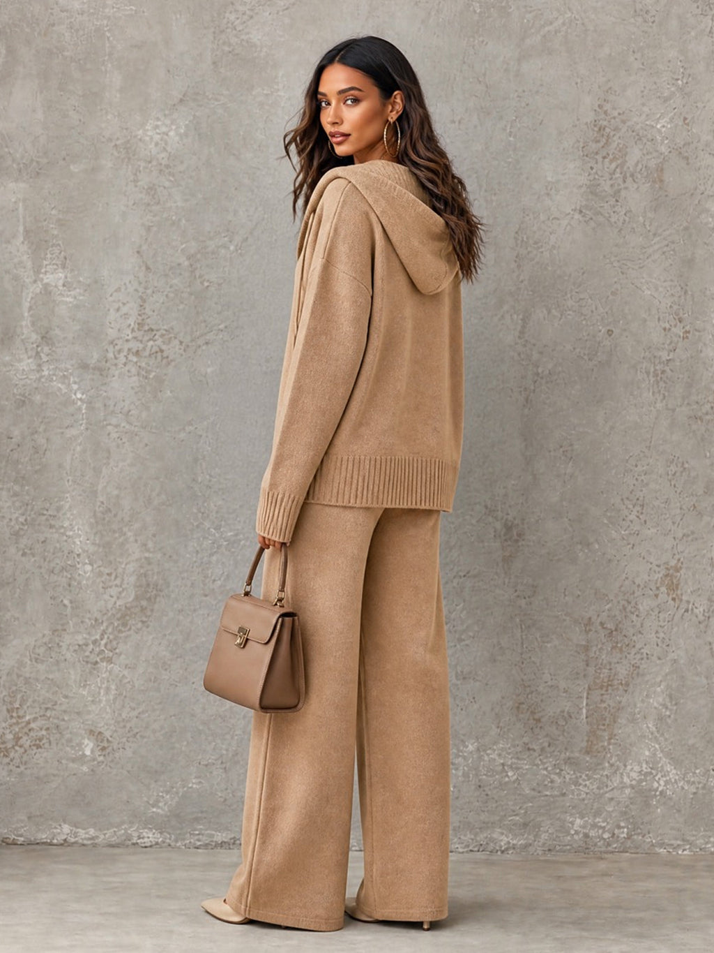 Chic Elegant Camel Hooded-Collar Zipper-Front Long‑Sleeve Cardigan Jacket Elastic-Waist Straight Pants Wool Blend Knit Loose-Fit Two-Piece Set
