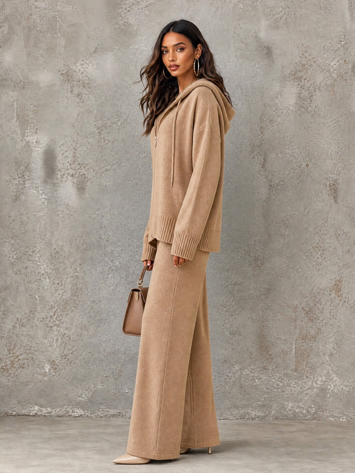 Chic Elegant Camel Hooded-Collar Zipper-Front Long‑Sleeve Cardigan Jacket Elastic-Waist Straight Pants Wool Blend Knit Loose-Fit Two-Piece Set