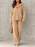 Chic Elegant Camel Hooded-Collar Zipper-Front Long‑Sleeve Cardigan Jacket Elastic-Waist Straight Pants Wool Blend Knit Loose-Fit Two-Piece Set