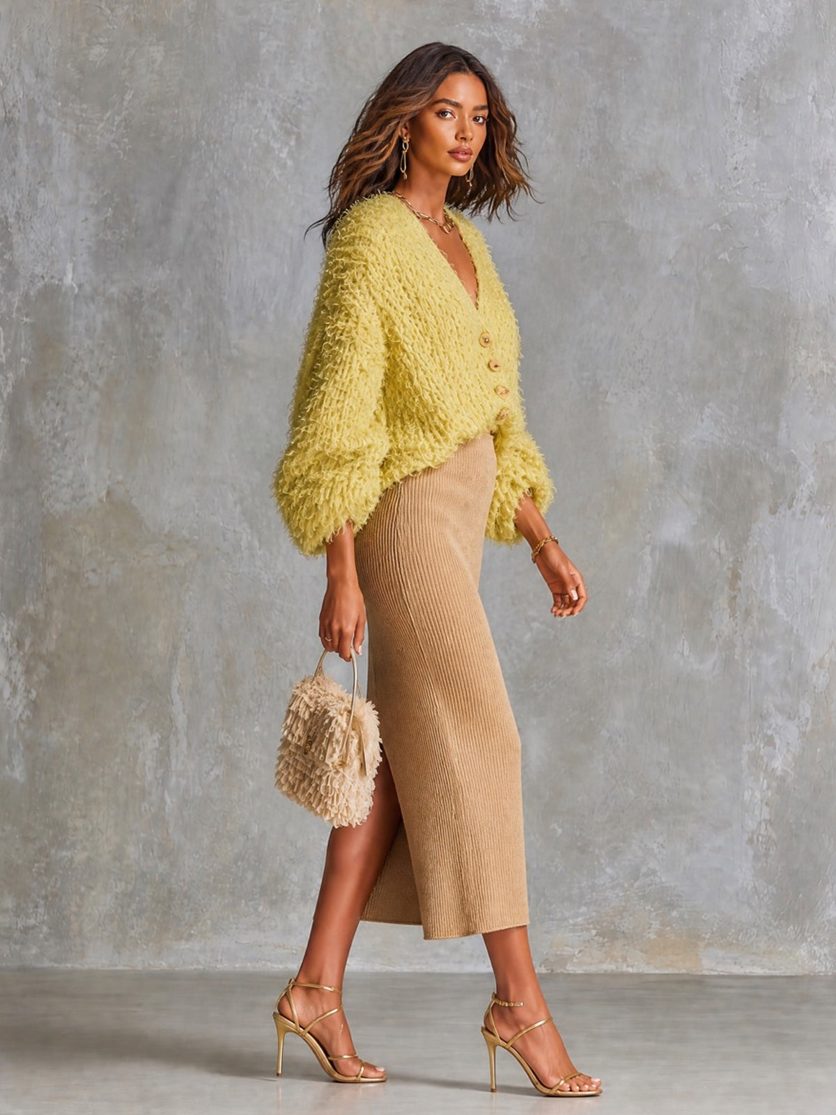Chic Elegant Yellow V-Neck Single-Breasted Three-Quarter‑Sleeve Loose-Fit Cardigan Camel Bodycon Midi Skirt Knit Two-Piece Set