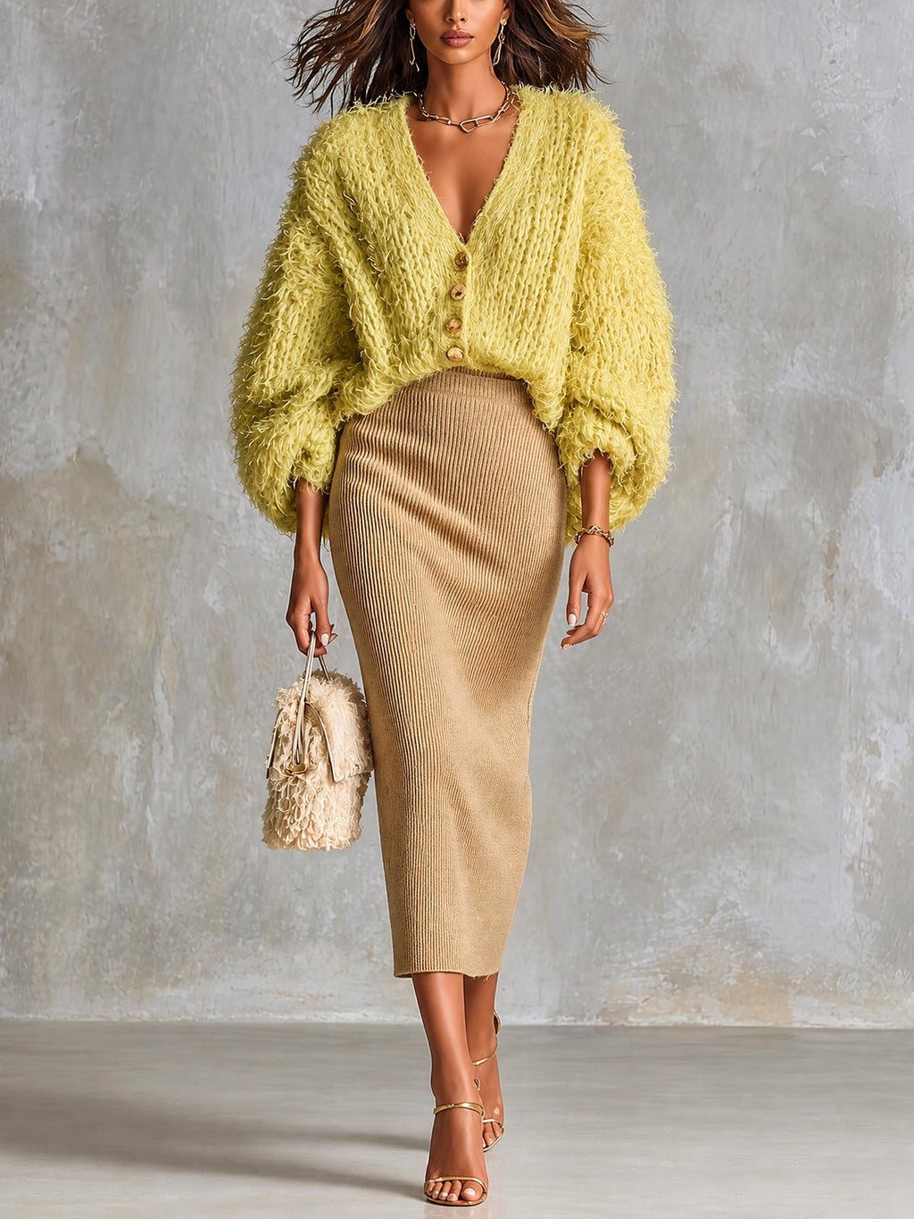 Chic Elegant Yellow V-Neck Single-Breasted Three-Quarter‑Sleeve Loose-Fit Cardigan Camel Bodycon Midi Skirt Knit Two-Piece Set
