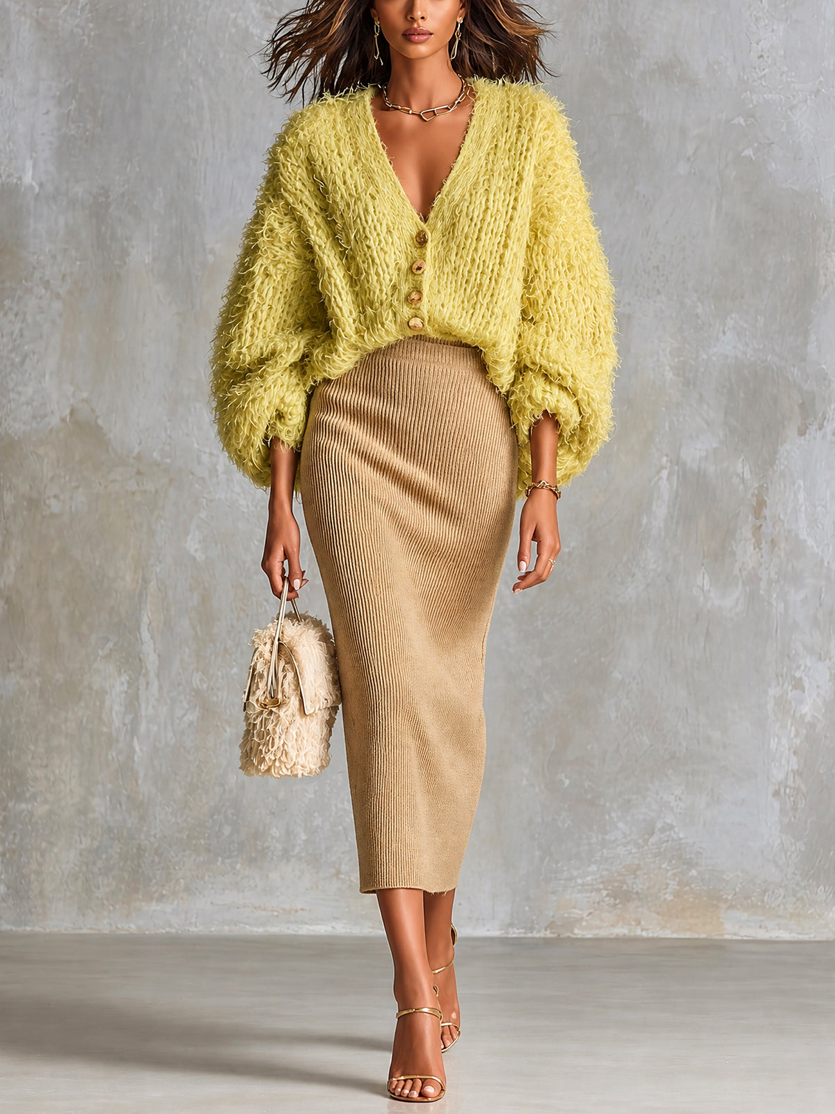 Chic Elegant Yellow V-Neck Single-Breasted Three-Quarter‑Sleeve Loose-Fit Cardigan Camel Bodycon Midi Skirt Knit Two-Piece Set