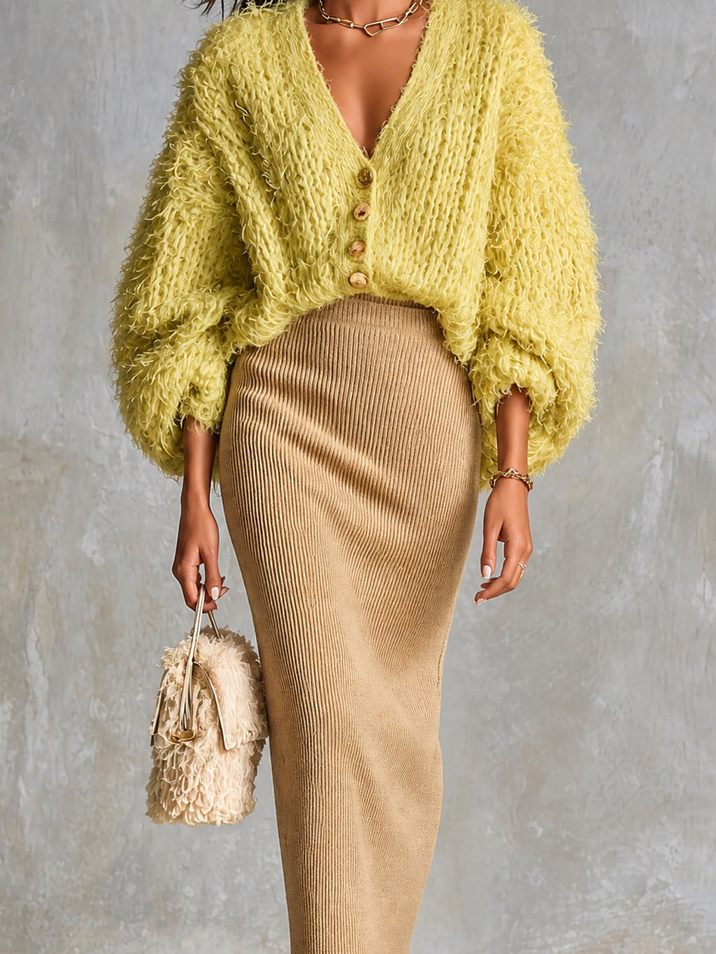 Chic Elegant Yellow V-Neck Single-Breasted Three-Quarter‑Sleeve Loose-Fit Cardigan Camel Bodycon Midi Skirt Knit Two-Piece Set