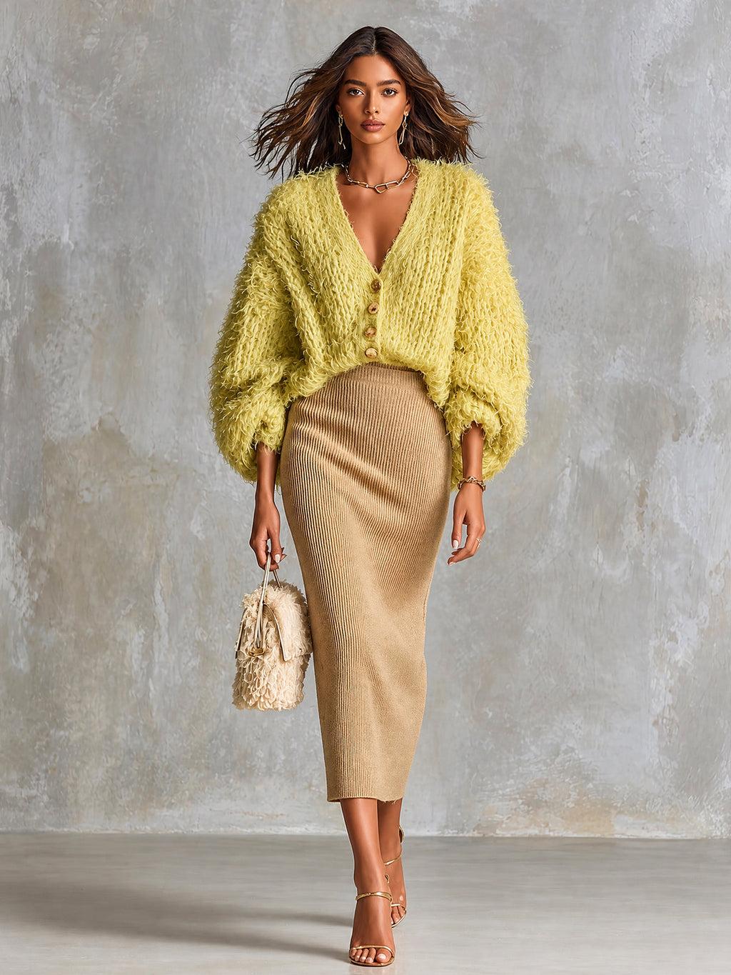 Chic Elegant Yellow V-Neck Single-Breasted Three-Quarter‑Sleeve Loose-Fit Cardigan Camel Bodycon Midi Skirt Knit Two-Piece Set