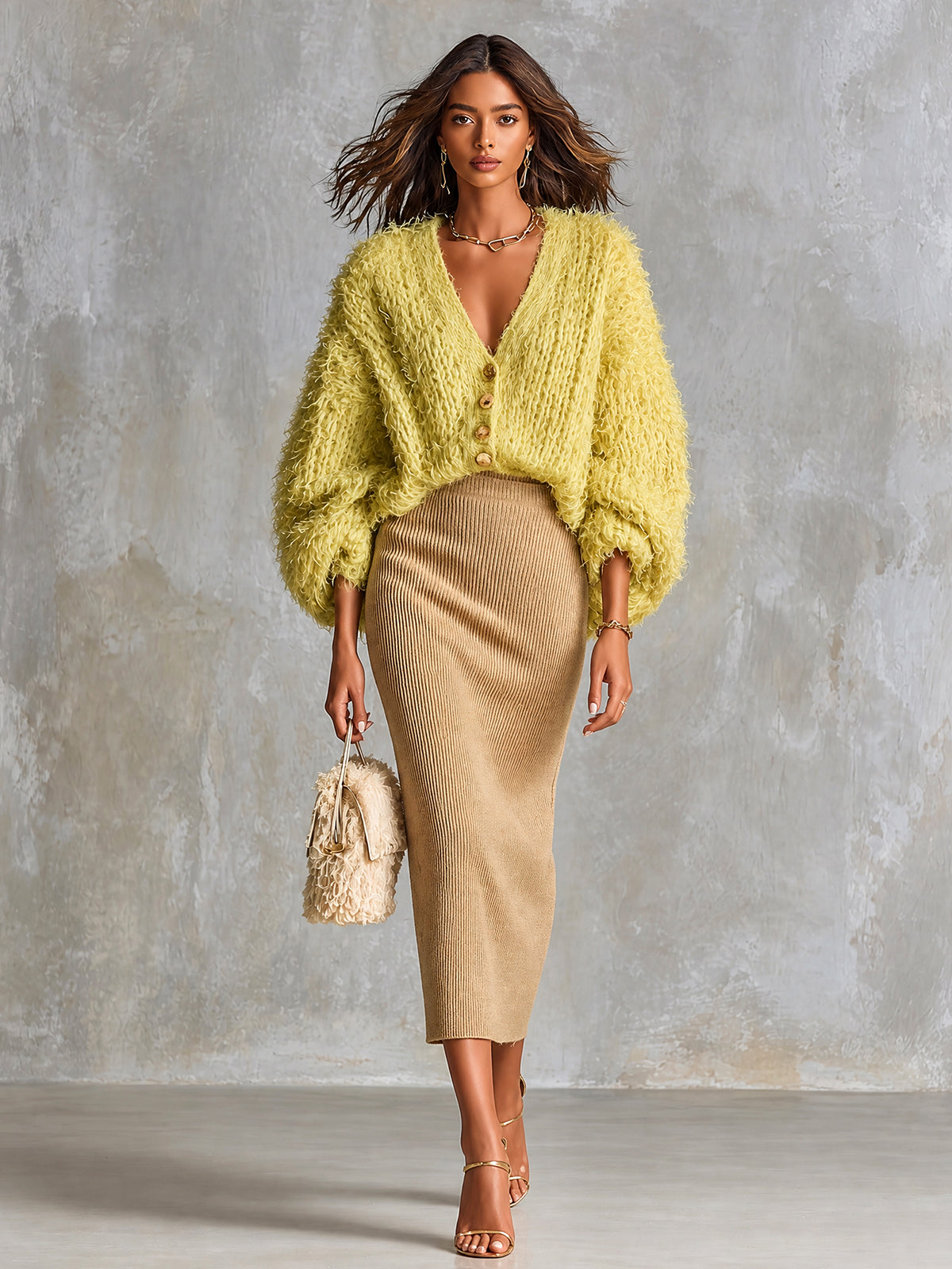 Chic Elegant Yellow V-Neck Single-Breasted Three-Quarter‑Sleeve Loose-Fit Cardigan Camel Bodycon Midi Skirt Knit Two-Piece Set