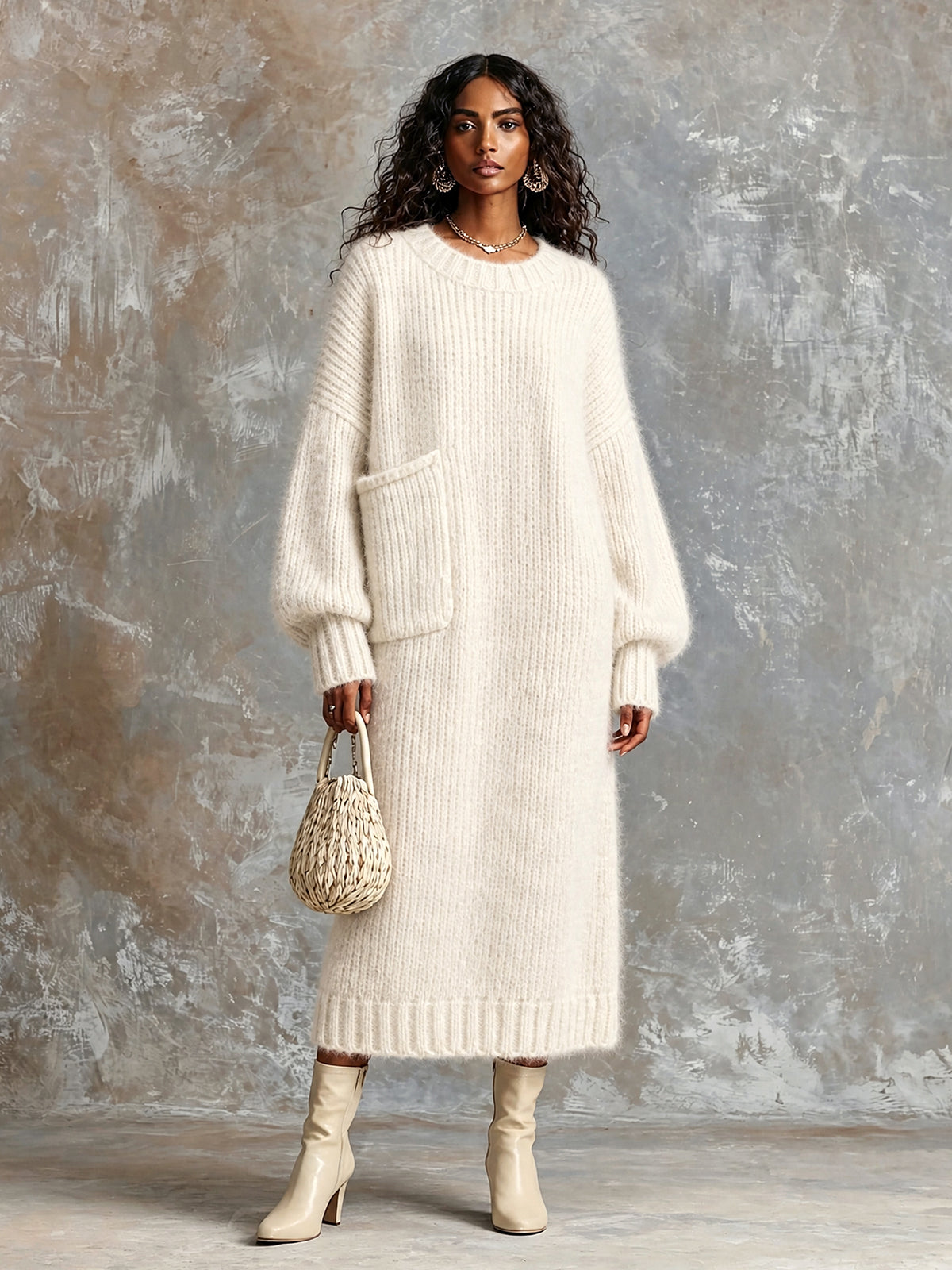 Chic Elegant Cream White Round-Neck Dropped-Shoulder Long-Sleeve Patch Pocket Overiszed Mohair Blend Knit Maxi Dress