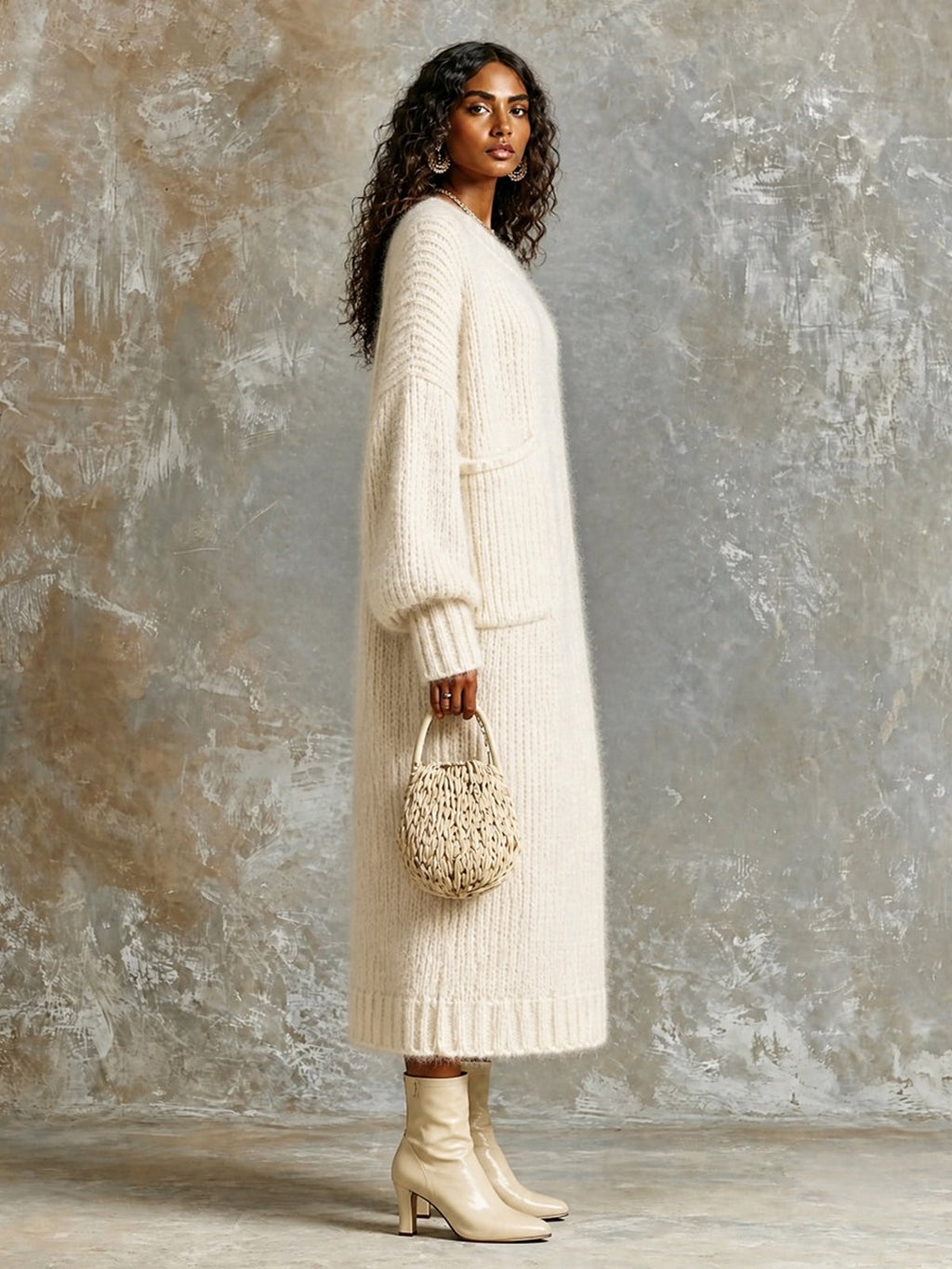 Chic Elegant Cream White Round-Neck Dropped-Shoulder Long-Sleeve Patch Pocket Overiszed Mohair Blend Knit Maxi Dress