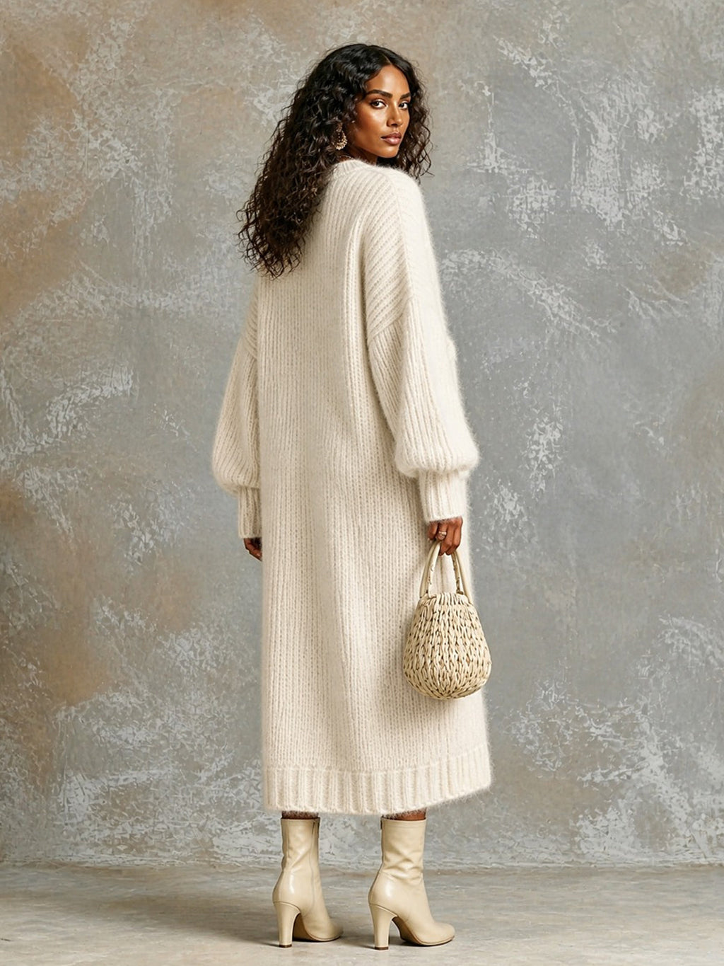 Chic Elegant Cream White Round-Neck Dropped-Shoulder Long-Sleeve Patch Pocket Overiszed Mohair Blend Knit Maxi Dress