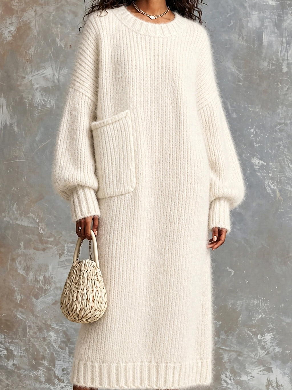 Chic Elegant Cream White Round-Neck Dropped-Shoulder Long-Sleeve Patch Pocket Overiszed Mohair Blend Knit Maxi Dress