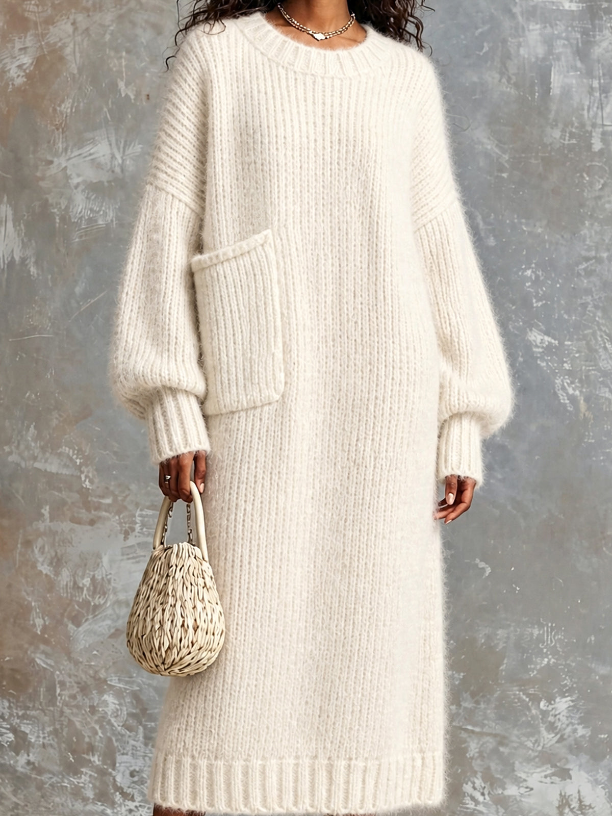 Chic Elegant Cream White Round-Neck Dropped-Shoulder Long-Sleeve Patch Pocket Overiszed Mohair Blend Knit Maxi Dress