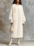 Chic Elegant Cream White Round-Neck Dropped-Shoulder Long-Sleeve Patch Pocket Overiszed Mohair Blend Knit Maxi Dress