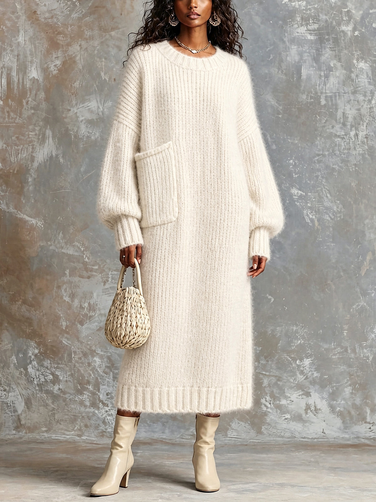 Chic Elegant Cream White Round-Neck Dropped-Shoulder Long-Sleeve Patch Pocket Overiszed Mohair Blend Knit Maxi Dress