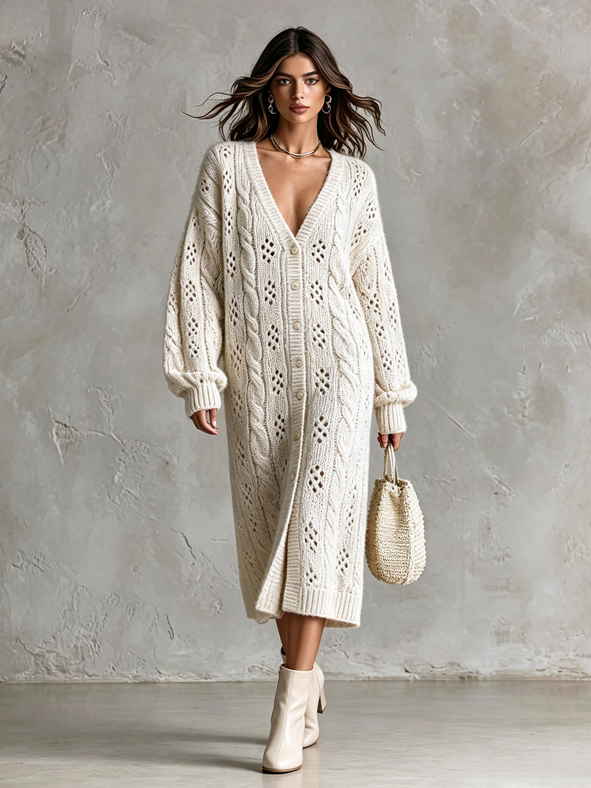 Chic Elegant Beige V-Neck Dropped-Shoulder Long-Sleeve Single-Breasted Overiszed Hollow-Out Cable-Knit Midi Dress
