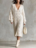 Chic Elegant Beige V-Neck Dropped-Shoulder Long-Sleeve Single-Breasted Overiszed Hollow-Out Cable-Knit Midi Dress