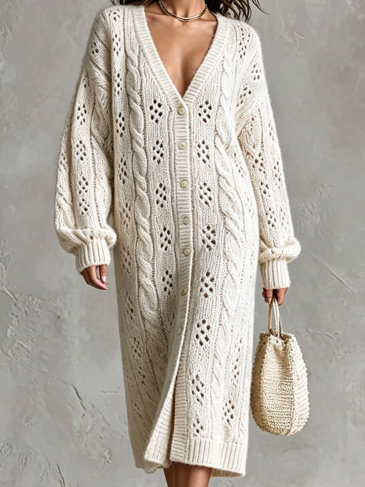 Chic Elegant Beige V-Neck Dropped-Shoulder Long-Sleeve Single-Breasted Overiszed Hollow-Out Cable-Knit Midi Dress