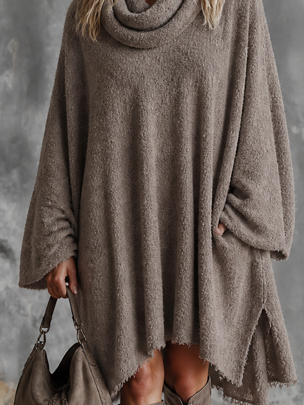 Chic Elegant Taupe Cowl Neck Long-Sleeve Frayed Raw Hem Loose-Fit Side-Slit Knit Midi Dress