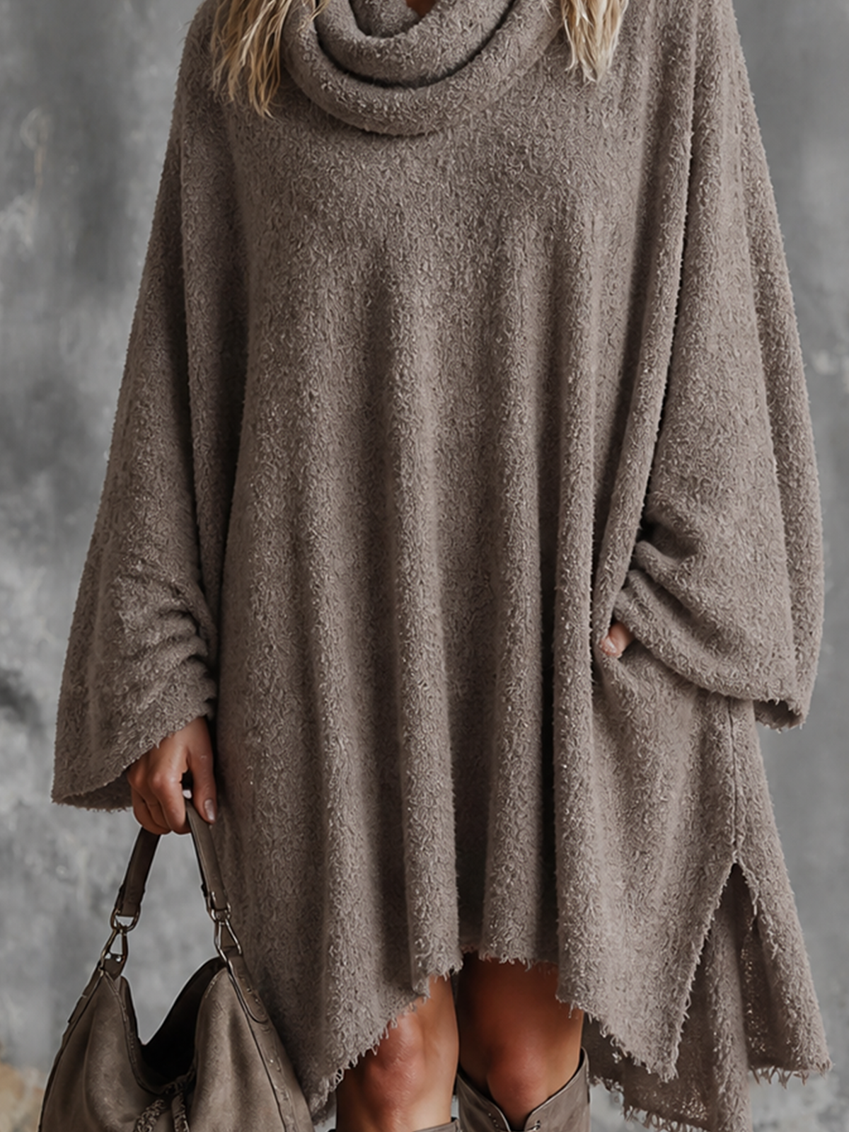 Chic Elegant Taupe Cowl Neck Long-Sleeve Frayed Raw Hem Loose-Fit Side-Slit Knit Midi Dress