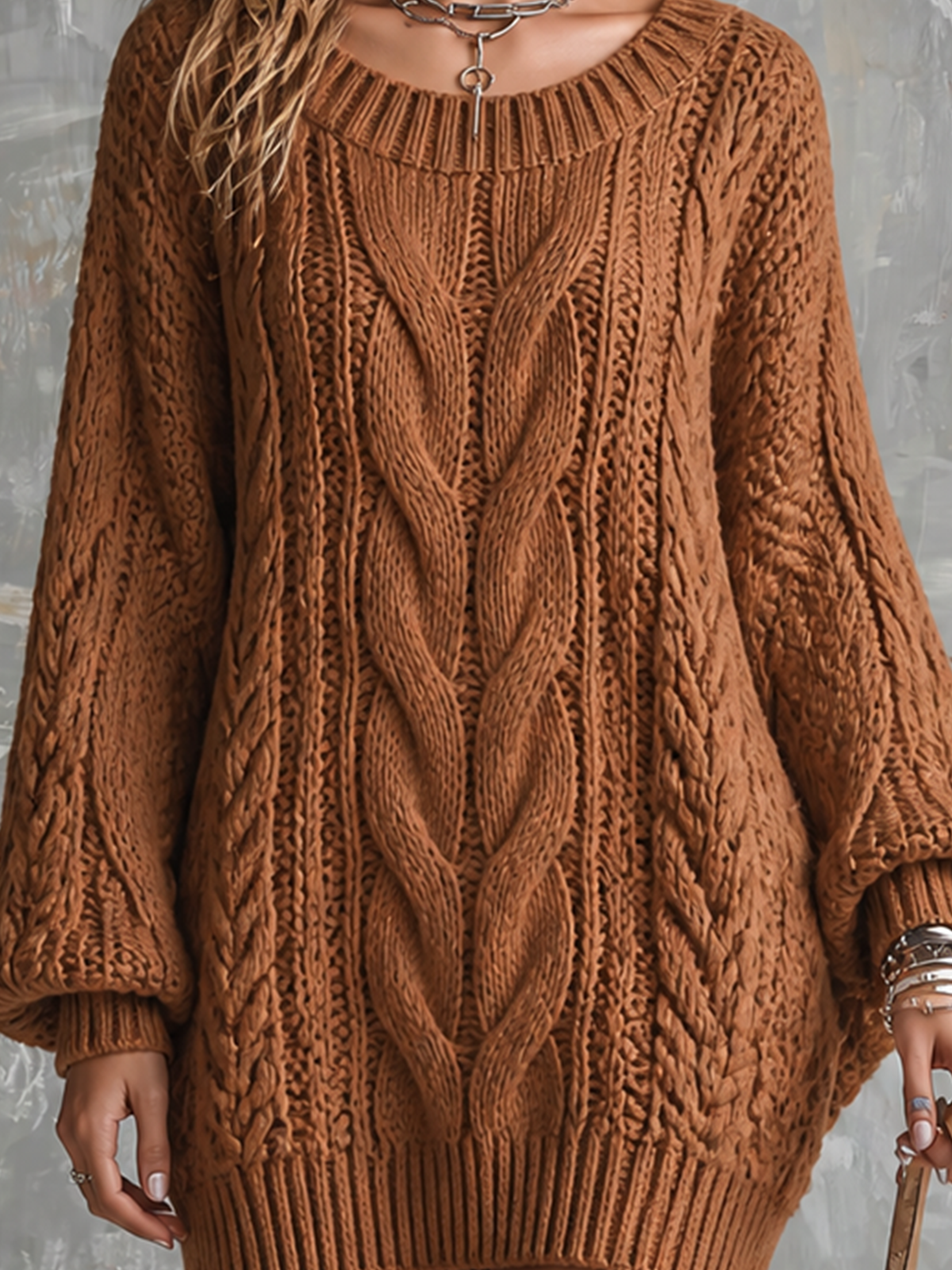 Chic Elegant Caramel Boat Neck Dropped Shoulder Long-Sleeve Loose-Fit Chunky Cable T Knit Mini Dress