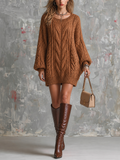 Chic Elegant Caramel Boat Neck Dropped Shoulder Long-Sleeve Loose-Fit Chunky Cable T Knit Mini Dress