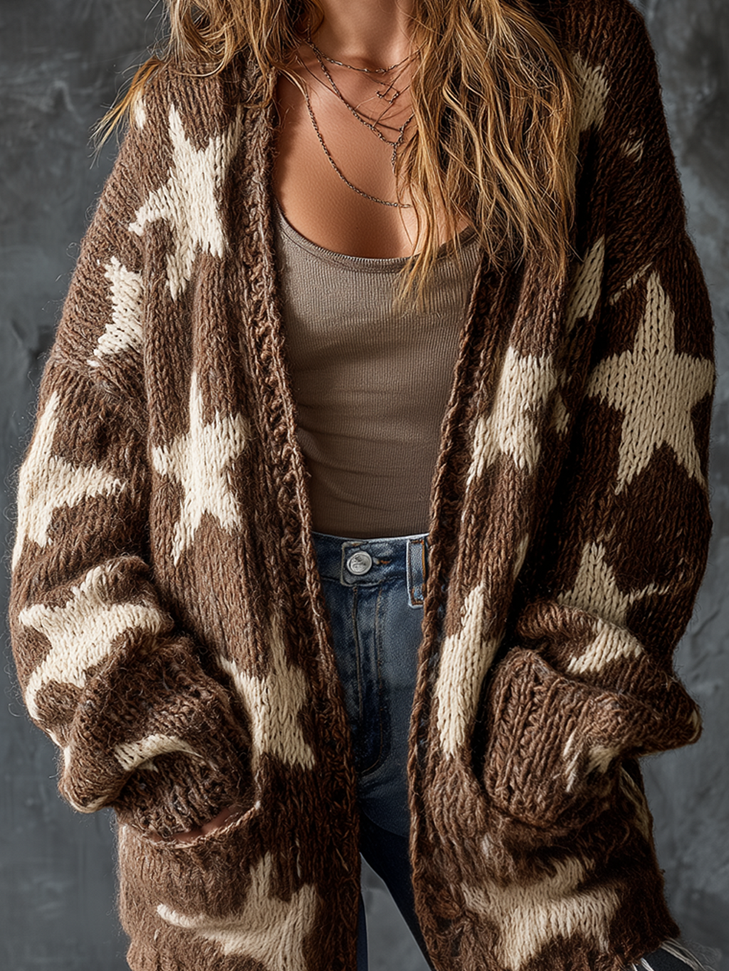 Chic Casual Brown V-Neck Single-Breasted Star Jacquard Dropped-Shoulder Long‑Sleeve Loose-Fit Knit Cardigan