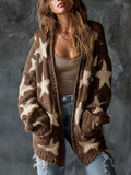 Chic Casual Brown V-Neck Single-Breasted Star Jacquard Dropped-Shoulder Long‑Sleeve Loose-Fit Knit Cardigan