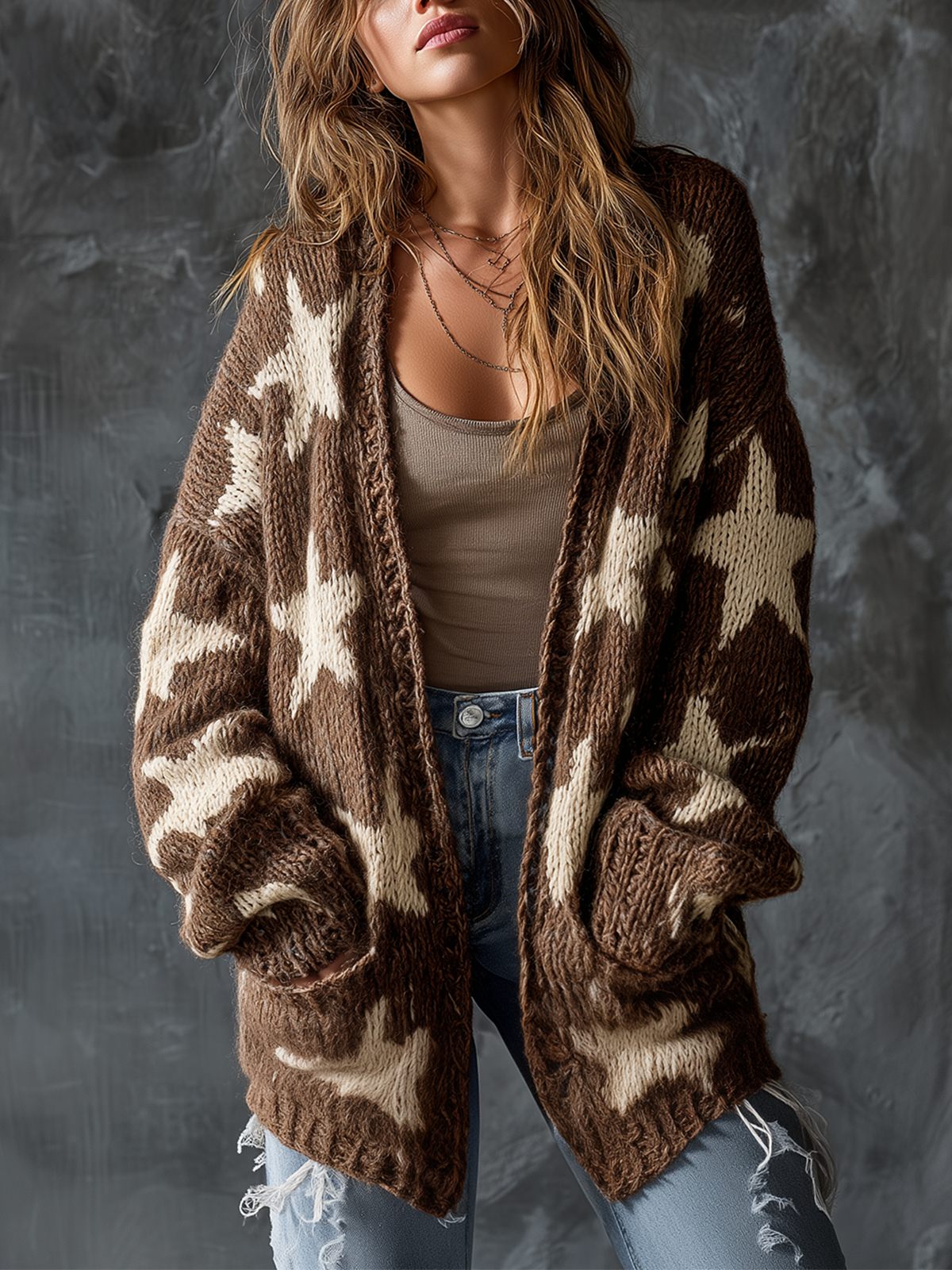 Chic Casual Brown V-Neck Single-Breasted Star Jacquard Dropped-Shoulder Long‑Sleeve Loose-Fit Knit Cardigan