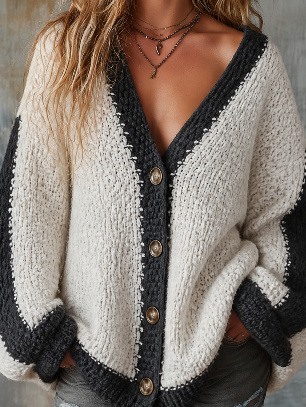 Chic Casual Black-White Colorblock V-Neck Single-Breasted Dropped-Shoulder Long‑Sleeve Loose-Fit Chunky Knit Cardigan