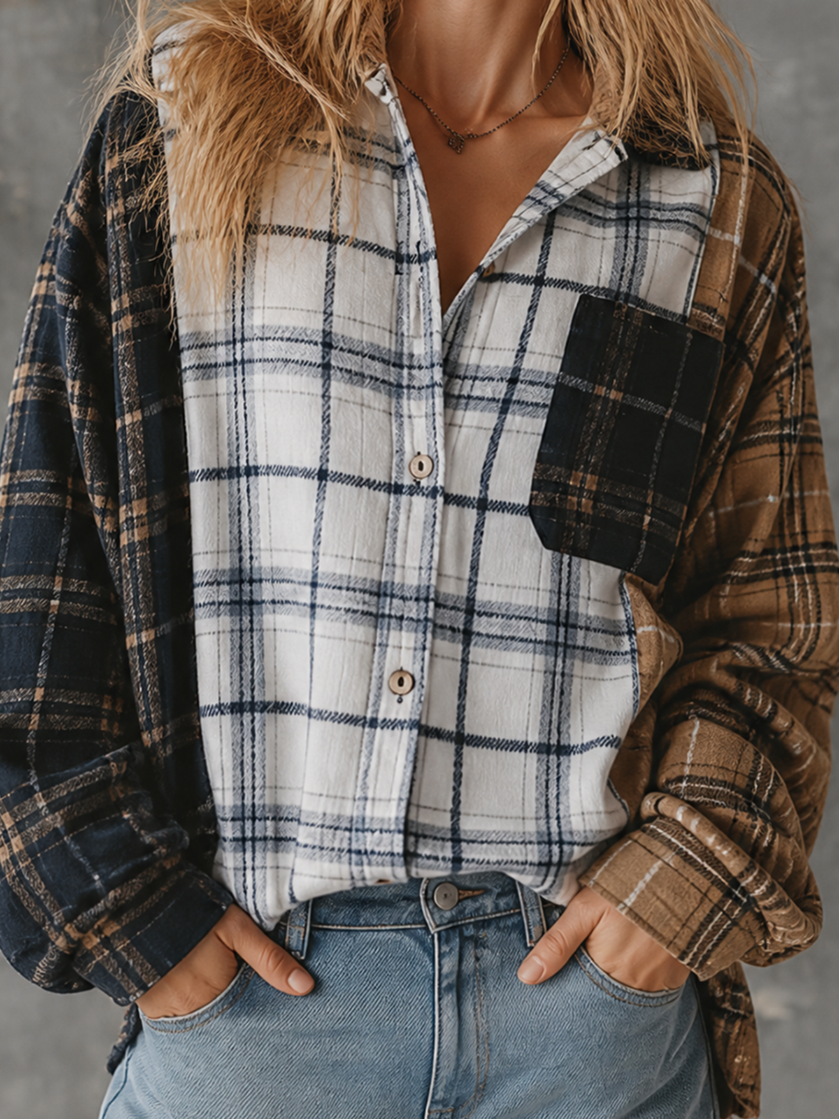 Chic Casual Multi Plaid Colorblock Lapel Collar Single-Breasted Dropped-Shoulder Long‑Sleeve Patch Pocket Loose-Fit Flannel Shirt