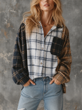Chic Casual Multi Plaid Colorblock Lapel Collar Single-Breasted Dropped-Shoulder Long‑Sleeve Patch Pocket Loose-Fit Flannel Shirt