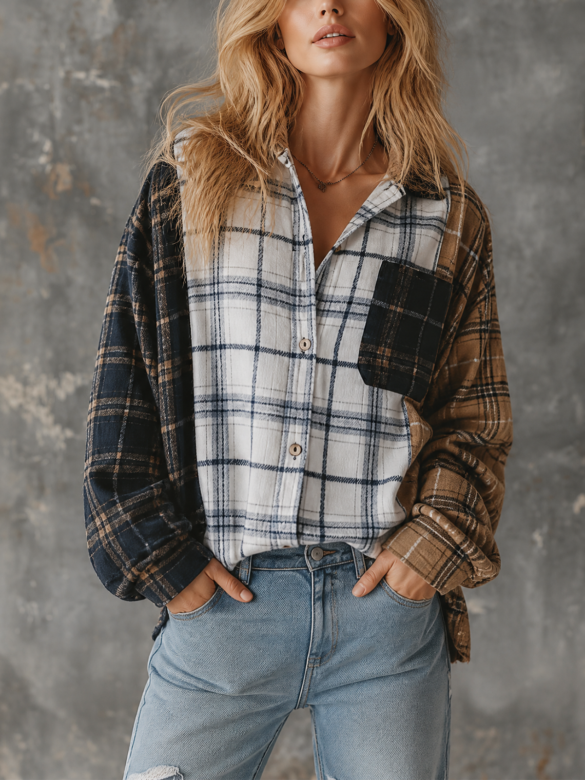 Chic Casual Multi Plaid Colorblock Lapel Collar Single-Breasted Dropped-Shoulder Long‑Sleeve Patch Pocket Loose-Fit Flannel Shirt