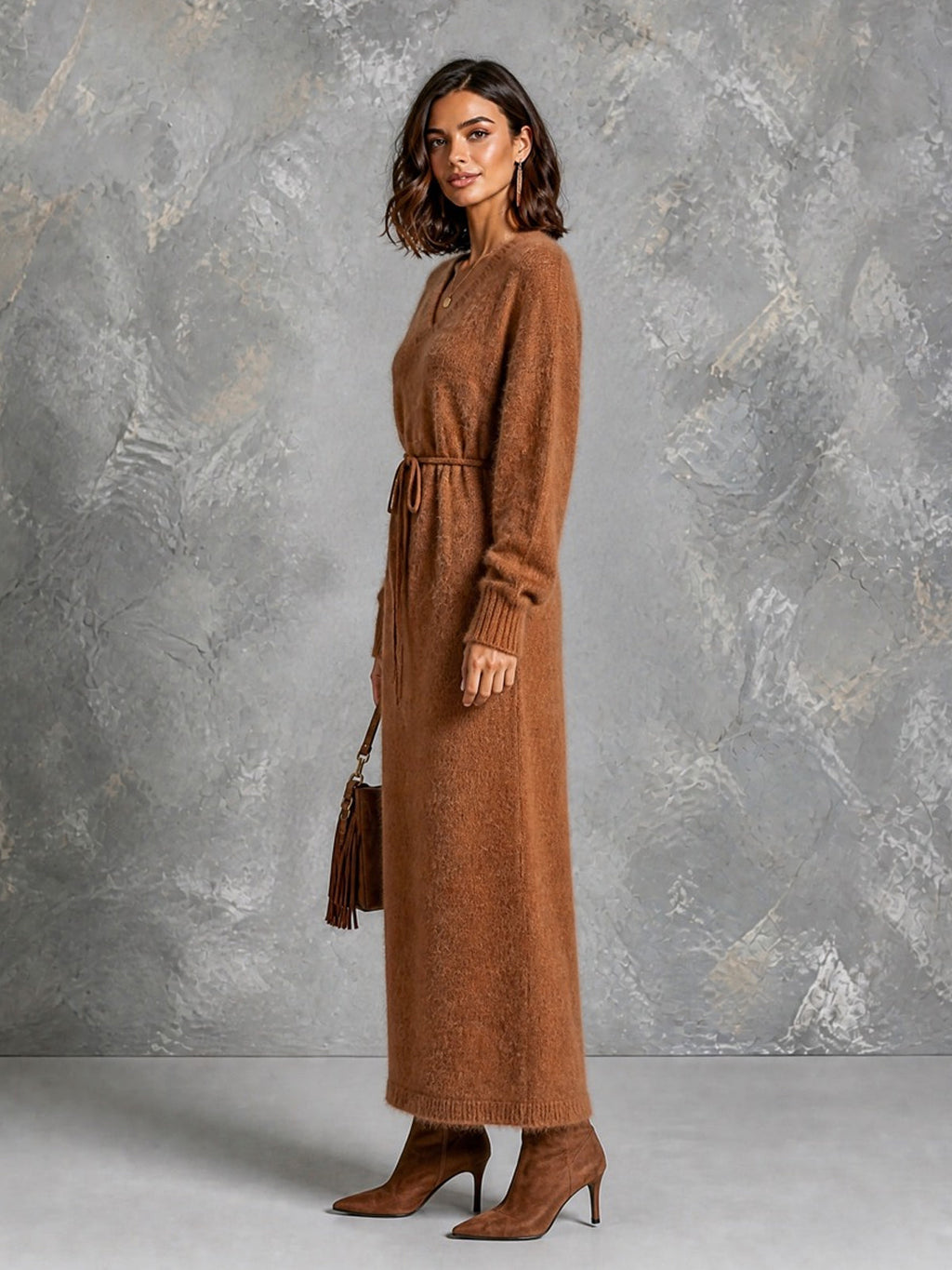 Chic Elegant Caramel Brown V-Neck Dropped-Shoulder Long-Sleeve Belted Loose-Fit Soft Mohair Blend Knit Maxi Dress
