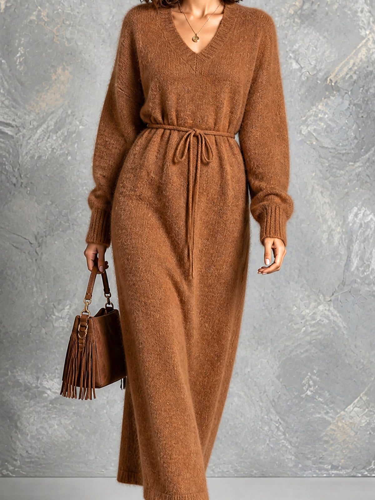 Chic Elegant Caramel Brown V-Neck Dropped-Shoulder Long-Sleeve Belted Loose-Fit Soft Mohair Blend Knit Maxi Dress