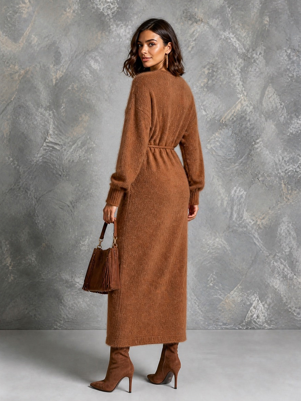Chic Elegant Caramel Brown V-Neck Dropped-Shoulder Long-Sleeve Belted Loose-Fit Soft Mohair Blend Knit Maxi Dress